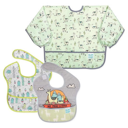 Bumkins - SuperBibs + Sleeved Bib - For Boys & Girls, Babies & Toddlers 6-24 Months - Lightweight, Durable, Waterproof - Catch-All Pocket - Wipeable & Machine Washable - No Prob-llama Green - 3 Pack