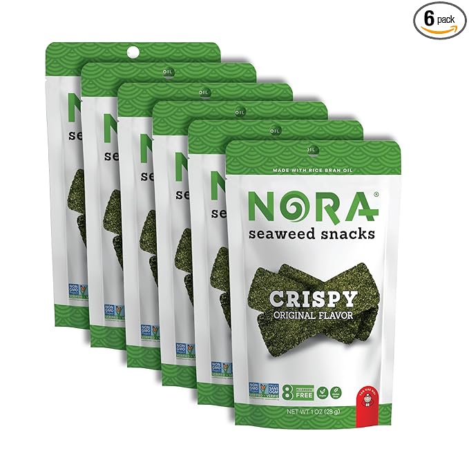 Original Crispy Seaweed Snacks by Nora, Low-Carb Healthy Snacks for Adults, Thick Nori Sheets Snack Strips, Asian Snacks, Vegan, Gluten-Free, Non-GMO, 6-Pack