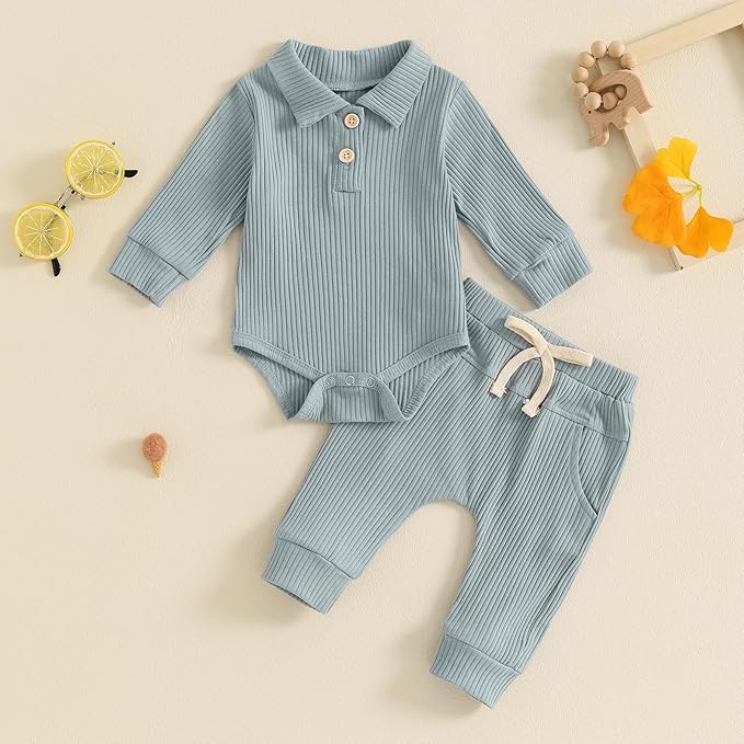 Newborn Baby Boy Girl Clothes Ribbed Knitted Long Sleeve Romper Pants Solid Cotton Infant Fall Winter Outfits 2Pcs