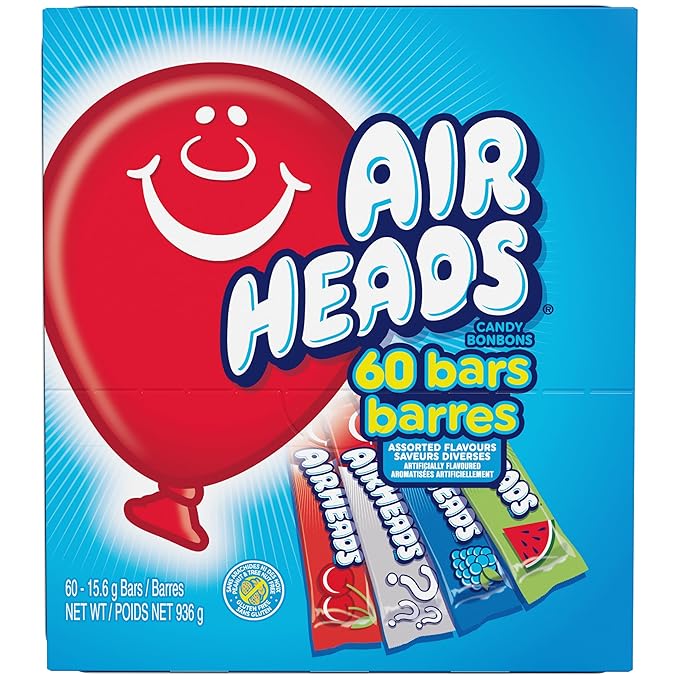 Airheads Candy Bars, Variety Bulk Box, Chewy Full Size Fruit Taffy, Gifts, Holiday, Parties, Concessions, Pantry, Non-Melting, Party, 60 Individually Wrapped Full Size Bars