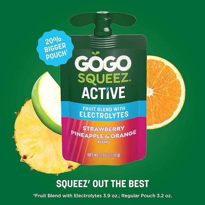 GoGo squeeZ Active Fruit Blend with Electrolytes | 18-Count Variety Pack | Blueberry Strawberry Lemon & Strawberry Pineapple Orange | Made with Real Fruit and Antioxidants Vitamin A, Vitamin E, & Vitamin C