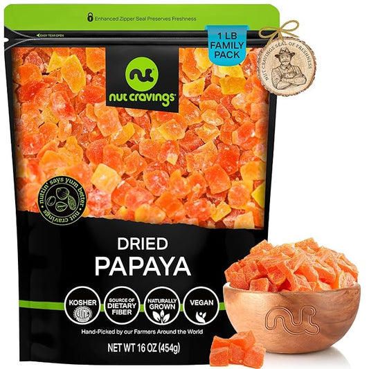NUT CRAVINGS - Sun Dried Papaya Chunks, Lightly Sweetened (16oz, 1 LB) Bulk Dry Fruits Packed Fresh in Resealable Bag - Sweet Healthy Snack, Naturally Grown, Vegan, Kosher