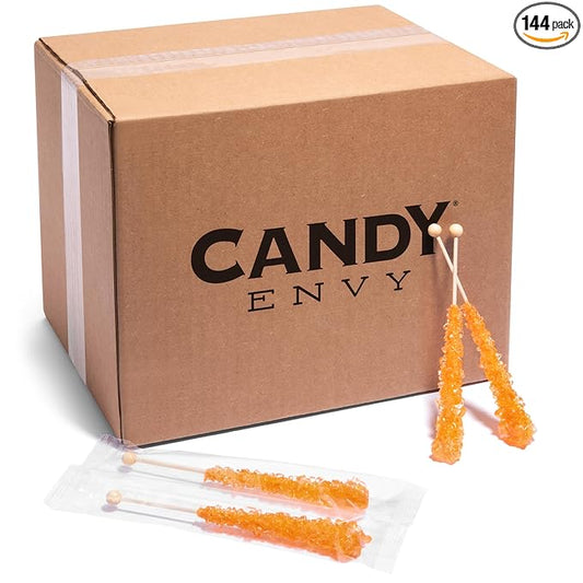 Orange Rock Candy Sugar Sticks - Orange Flavored - 144 Individually Wrapped Candy