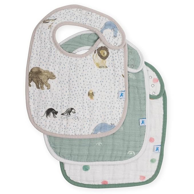 Little Unicorn Premium Classic Bib 3 pack | Adjustable as baby grows | Soft fabric on skin | Great for first time eaters (Party Animals)