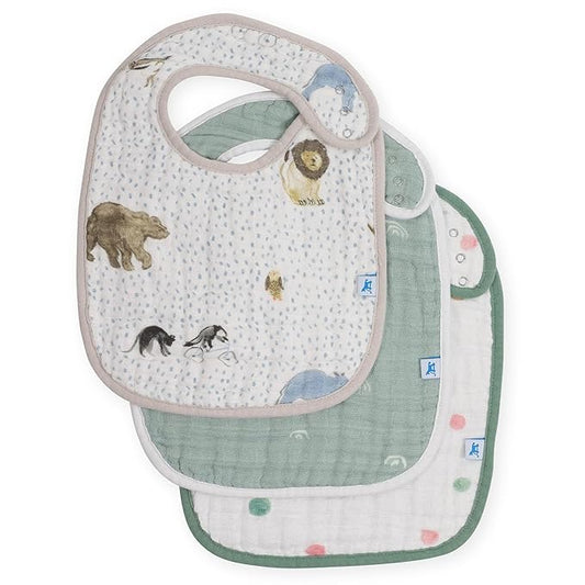 Little Unicorn Premium Classic Bib 3 pack | Adjustable as baby grows | Soft fabric on skin | Great for first time eaters (Party Animals)
