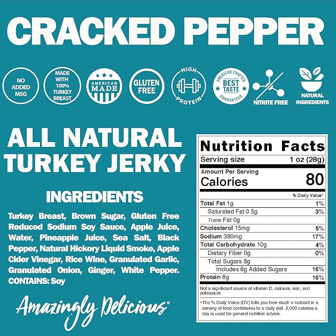 Field Trip Turkey Jerky, Gluten Free, Low Carb, Healthy High Protein Snacks, No Nitrates, All Natural Ingredients, Cracked Pepper, 1oz Bags, 12 Pack