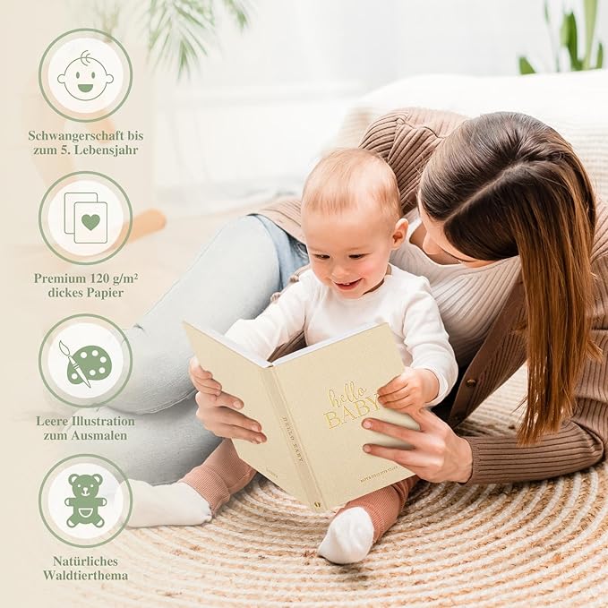 Lanpn Hello Baby First 5 Year Memory Book for Boy Girl - Linen Hardcover Baby Book Keepsake for New Parents - Newborn Baby Journal Scrapbook Photo Album Baby Milestone Book (Beige, 154 Pages)