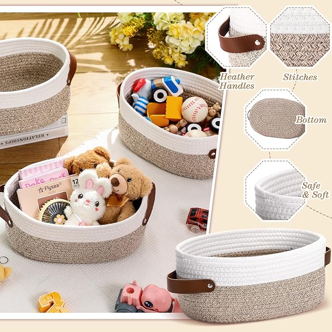 Colingmill 3 Pack Small Woven Basket for Gifts with Handles Clear Bags and Ribbons Empty Storage Basket Decorative Chest Box for Halloween Thanksgiving Day Birthday(White and Khaki,12"x 8"x 5")