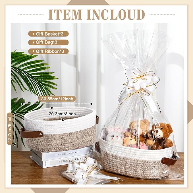 Colingmill 3 Pack Small Woven Basket for Gifts with Handles Clear Bags and Ribbons Empty Storage Basket Decorative Chest Box for Halloween Thanksgiving Day Birthday(White and Khaki,12"x 8"x 5")
