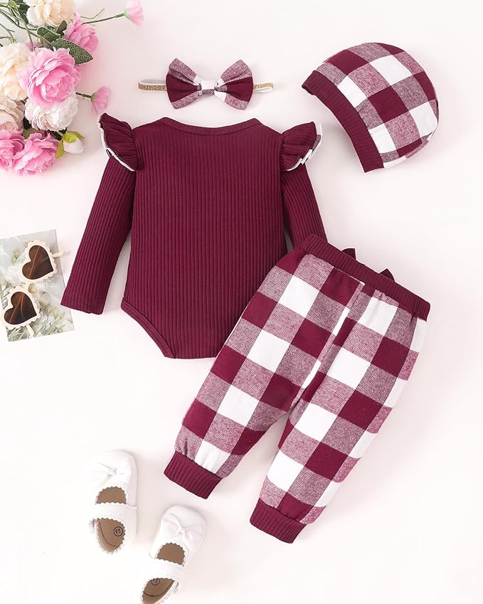 SUNNY PIGGY Baby Girl Clothes Newborn Outfits Infant Ruffle Romper 0-18M Fall Winter Flower Plaid Pants Clothing Set