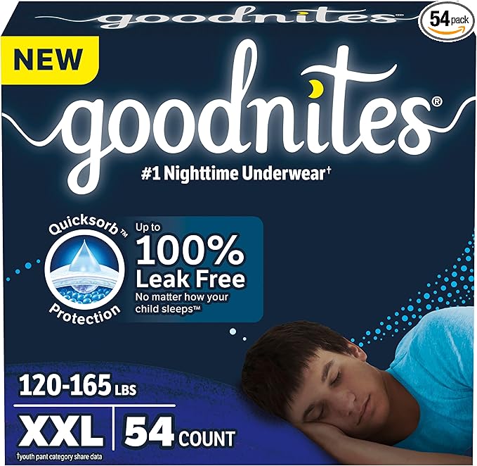 Goodnites Boys' Nighttime Underwear, Size XXL (120-165 lbs), 54 Ct, Packaging May Vary