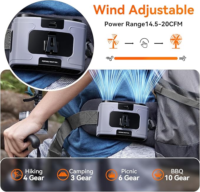 10000mAh Personal Waist Fan, USB Rechargeable Clip The Waist For Working,10 Speed & 40H Cooling and Heatstroke Prevention For Outdoor Travel Camping (K60-gray, 12000mAh)