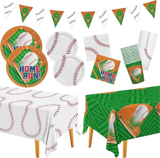 Baseball Party Supplies Kit for 24 - Complete with Dinner & Dessert Plates, Napkins, Cups, Banner & Tablecloth Baseball Birthday & Gameday Celebrations，Baseball Party Decorations & Favors