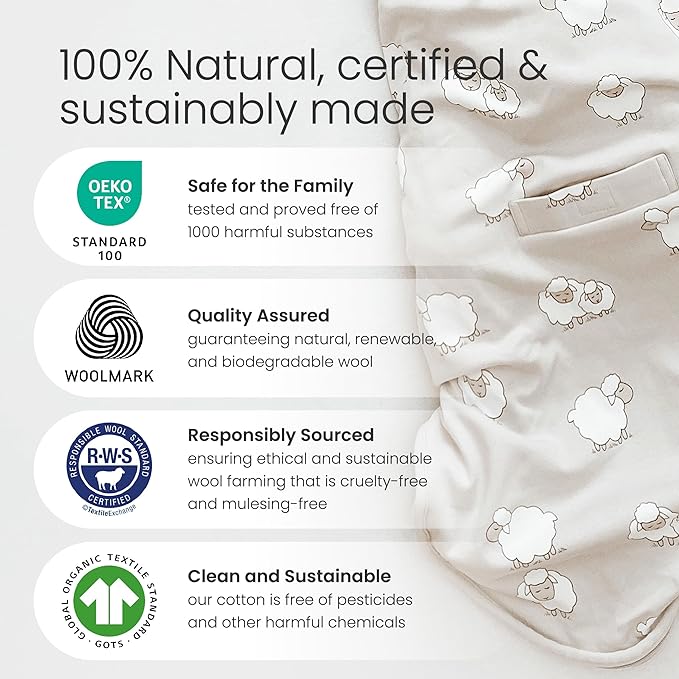 Woolino Merino Wool Ultimate Baby Sleep Sack - 4 Season Baby Wearable Blanket - Two-Way Zipper Adjustable Sleeping Bag for Babies and Toddlers - Universal Size (2-24 Months) - Earth