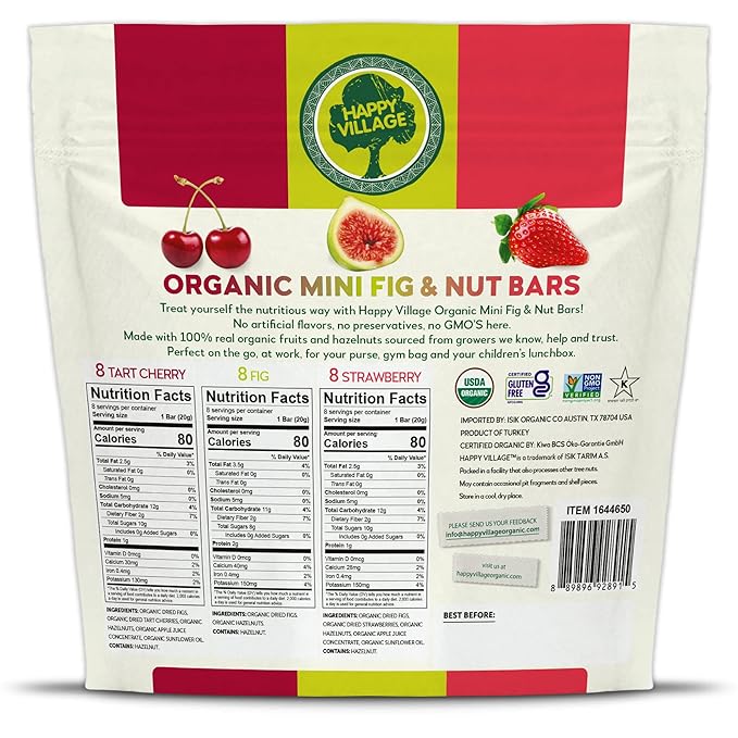 Happy Village Organic Mini Fig & Nut Bars, VARIETY (24 Packs, 0.7 OZ each), No Refined Sugar, Kosher, Non-GMO, Gluten Free, Vegan, Good Source of Fiber Snack Bars (8 Tart Cherry, 8 Fig, 8 Strawberry)
