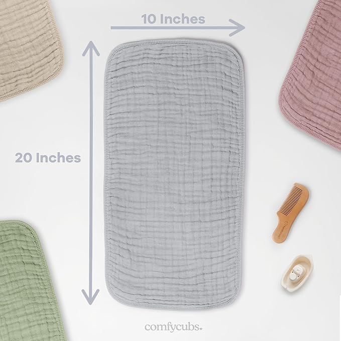 Comfy Cubs Muslin Burp Cloths 20" x 10", Pack of 10 - Large, 6-Layer, Ultra Absorbent 100% Cotton for Baby Drool and Messes - Soft, Safe & Gentle Baby Burp Cloths for Boys & Girls - Heather Blue