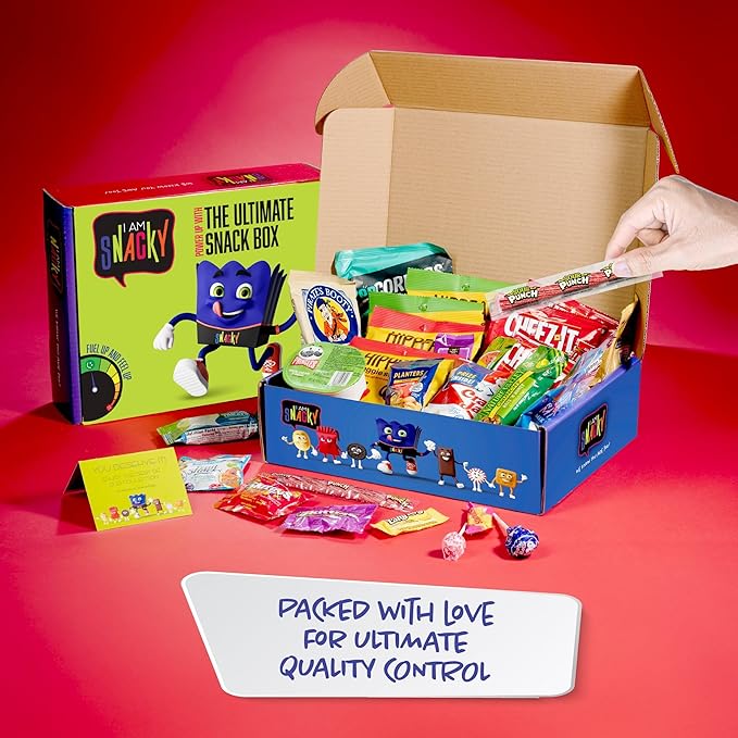 I AM Snacky - Back to School/Off to College Snack Box Variety Pack Care Package + Greeting Card - SNACKY'S SOCIAL SAMPLER (60 Count) Birthday Sweet Treats Gift Basket, Candies Chips, Office Food Assortments