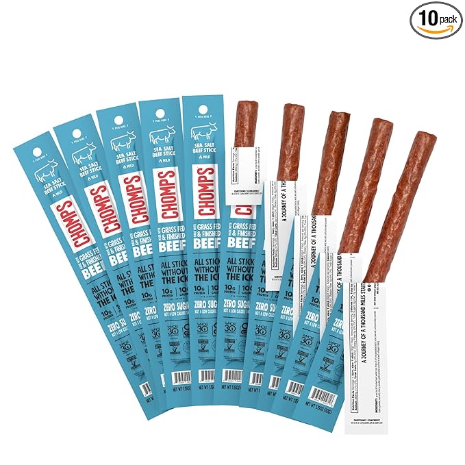 Chomps Grass-Fed and Finished Sea Salt Beef Jerky Snack Sticks 10-Pack - Keto, Paleo, Whole30, 10g Lean Meat Protein, Gluten-Free, Zero Sugar Food, Non-GMO