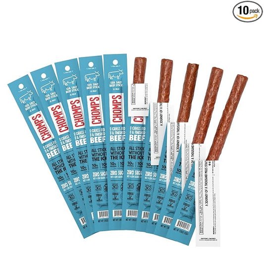Chomps Grass-Fed and Finished Sea Salt Beef Jerky Snack Sticks 10-Pack - Keto, Paleo, Whole30, 10g Lean Meat Protein, Gluten-Free, Zero Sugar Food, Non-GMO