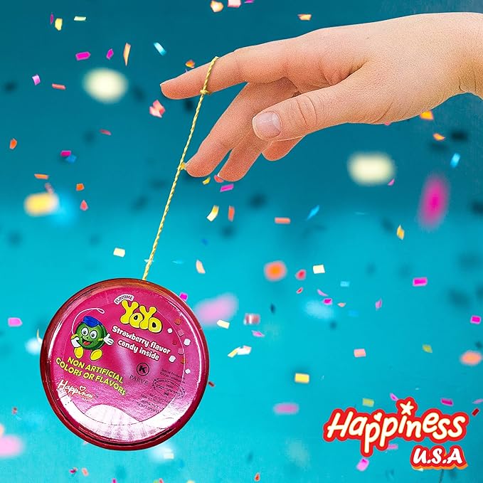 Happiness USA YoYo FIlled with Strawberry Hard Candy Pack of 12 | Novelty Toy & Individually Wrapped Candy Variety Pack | No Artificial Color or Flavor Prizes for Kids | Kosher Birthday Party Favors