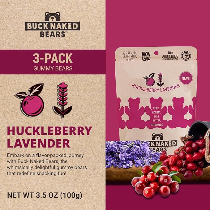 Buck Naked Bears - Huckleberry Lavender Gummy Bears - Soft, Smooth, and Sweeter Like a Fruit Snack - Plant-Based Gummies Good Snack Choice - Non-GMO - Clean Label Gummy Candy - Vegan 3.5oz 3-Pack