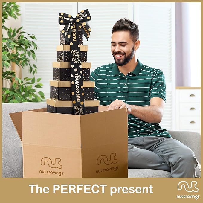 NUT CRAVINGS Gourmet Collection - Get Well Soon, Nuts & Dried Fruits Tower Gift Basket with Get Well Soon Ribbon (12 Assortments) Food Arrangement, Healthy Snack Care Package, Food Assortments