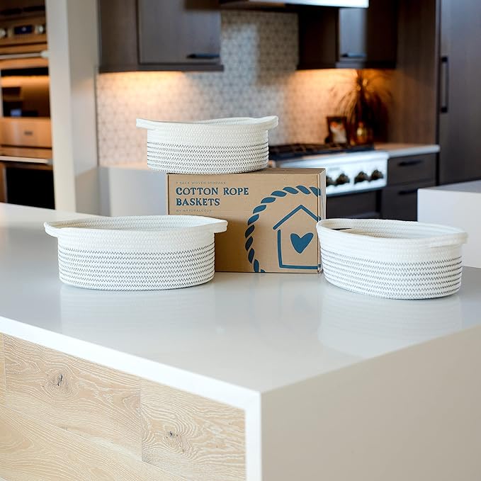 NaturalCozy 3-Piece Oval Storage Basket Set– Soft Natural Rope Woven Baskets for Storage Shelf, Toy, Nursery, Gift, Baby Shower, Pets Cat Dog Bins | Small Basket for Organizing (Black Stitching)