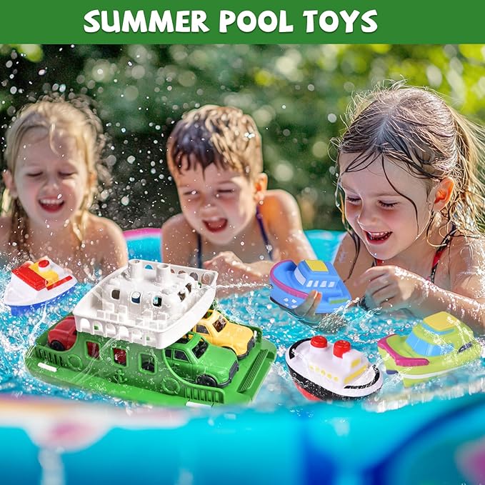 Toy Boat Bath Toys for Toddlers with 4 Mini Car Toys and 4 Bath Boat Squirters, Kids Ferry Boat for Bathtub Bathroom Pool Beach Toys