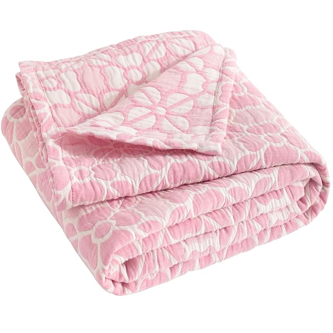NTBAY 3 Layer Oversized Muslin Cotton Toddler Blanket, 45x60 Inches Jacquard Reversible Nursery Bed Blanket, Super Soft and Thermal Crib Blanket for All Seasons, Baby Gift, 45"x60", Pink Clover