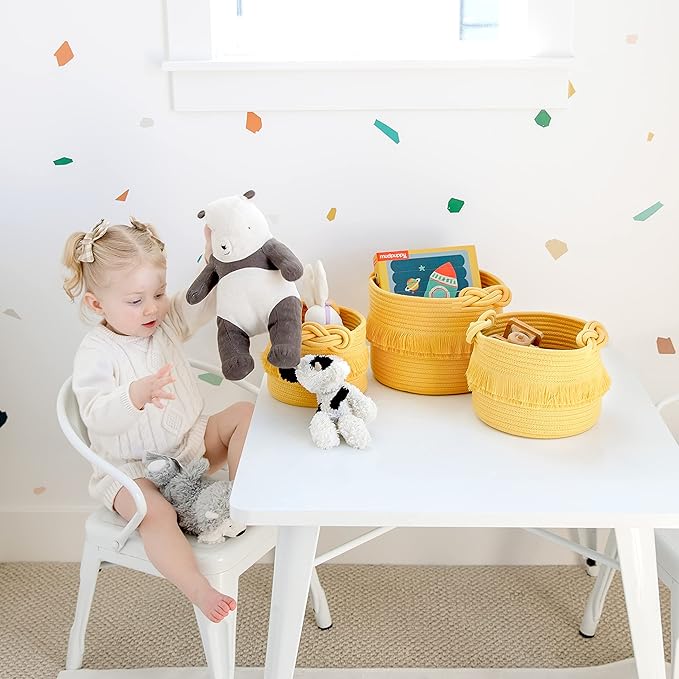 NaturalCozy 3-Piece Boho Decor Storage Basket Set – Cotton Rope Woven Baskets for Organizing! Small Basket for Baby Stuff, Baby Shower, Gift Basket, Nursery Baby Basket, Planter, Toy Basket, Shelves