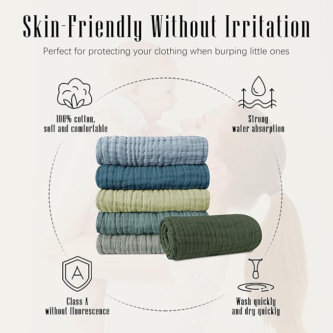 SWEET DOLPHIN 12 Pack Muslin Burp Cloths Large 100% Cotton Burping Clothes for Baby Drool - Absorbent and Soft Boys & Girls Milk Spit Up Rags for Newborn Essentials Registry - Ocean Dip