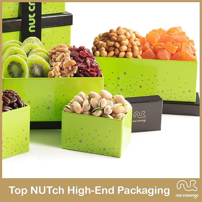 NUT CRAVINGS - Dried Fruit & Mixed Nuts Gift Basket Green Tower + Ribbon (12 Assortments) Food Arrangement, Healthy Snack Care Package, Food Assortments