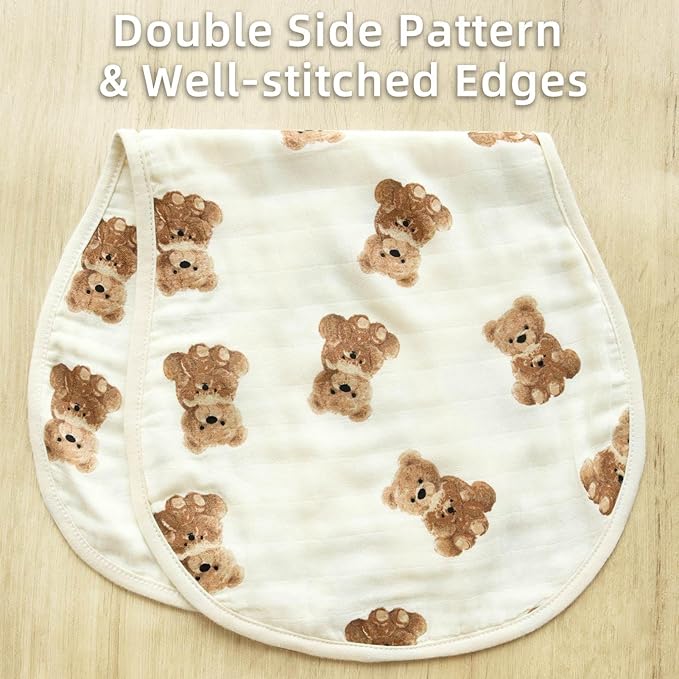 LifeTree Muslin Baby Burp Cloths - 2 Pack 70% Viscose from Bamboo and 30% Cotton Large 22'' by 10'' Absorbent Milk Spit Up Rags - Burping Cloths for Newborn, Girls Boys, Bear and Checkered