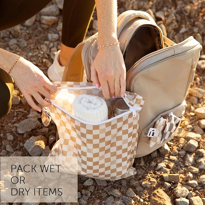 Roamio Waterproof Wet Bag for Baby, Travel, Swim Suit, Cloth Diaper, Pump Parts, Pool, Gym Clothes, Beach, Toiletry, Hook to Stroller, Daycare, Zipper Reusable Bag, Wetdry Packing Pouch, Beige Check