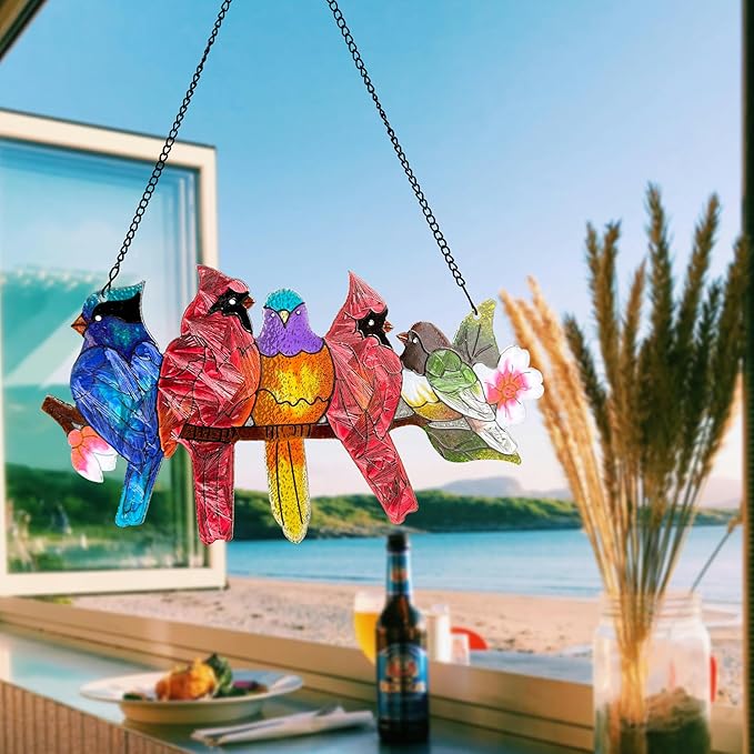 Stained Glass Window Hanging - Large Stained Glass Birds on Branch, Birds Sun Catchers Indoor Window with Chain and Hook Gifts for Bird Lover, Mom, Grandma, Stocking Stuffers for Women