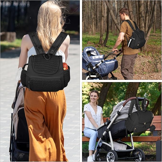 Geestock Diaper Bag Small Diaper Backpack, Stylish Quilted Baby Backpacks, Mini Maternity Bags, with Changing Pad, Pacifier Case & Stroller Straps, Parents Essentials Diaper Bag, Black