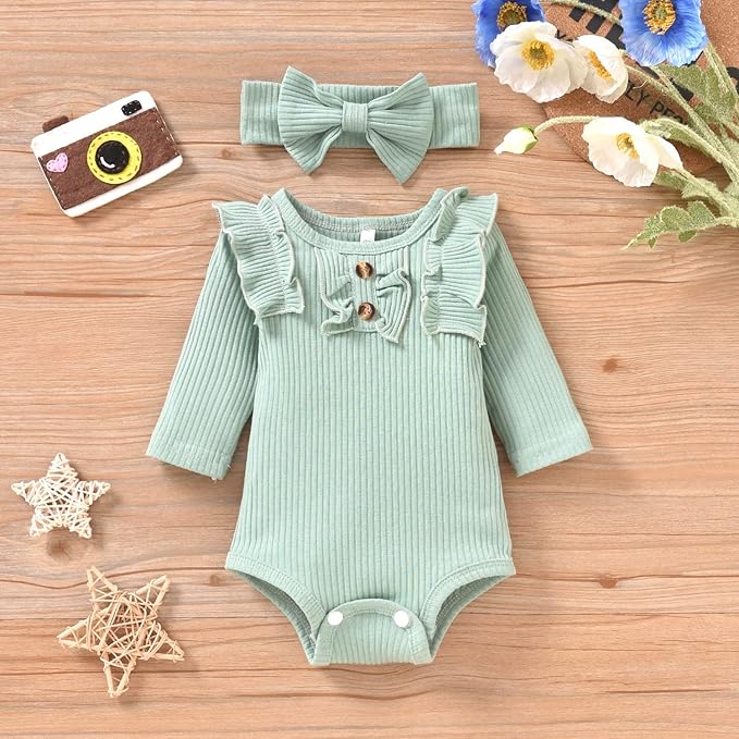 Aalizzwell Preemie Newborn Infant Baby Girls Clothes Ribbed Bodysuit Pants Set Fall Winter Outfits