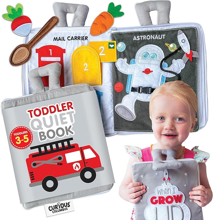 Curious Columbus Quiet Book Fabric Busy Book for Toddlers 3-5 - Airplane Toddler Travel Toys for Kids - Montessori Toy Preschool Activity Books - Fun and Educational for Toddlers