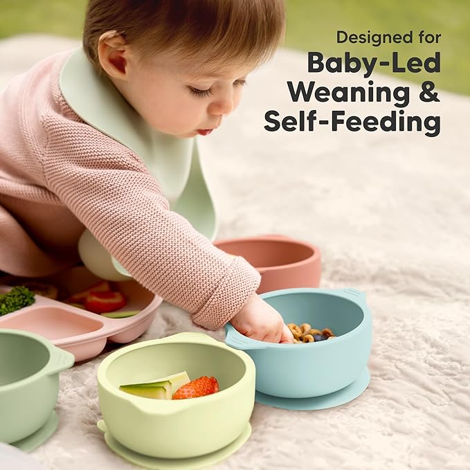 KeaBabies 2-Pack Baby Bowls with Suctions, Lids - Silicone Toddler Suction Bowls for Baby Boy, Girl, Kids, Food Grade Silicone, BPA-Free, Dishwasher Safe, Toddler Eating Essentials (Pastel Sky)