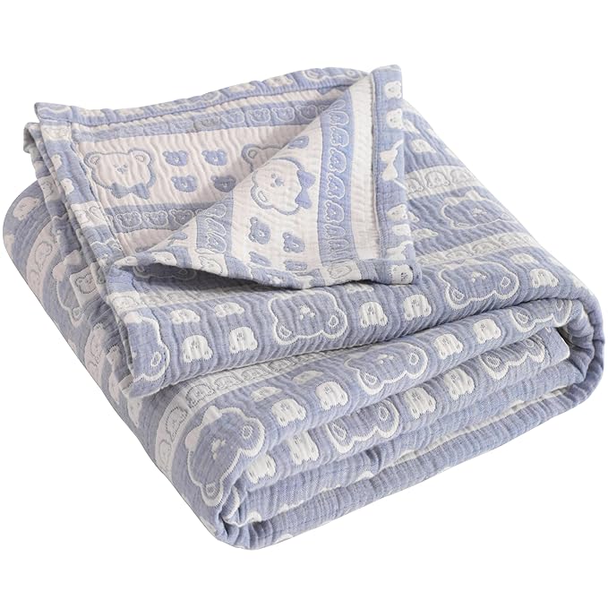 NTBAY 3 Layer Muslin Cotton Toddler Blanket, Jacquard Reversible Nursery Bed Blanket, Super Soft and Thermal for All Seasons, Decoration Gift, 30"x40", Blue Bear