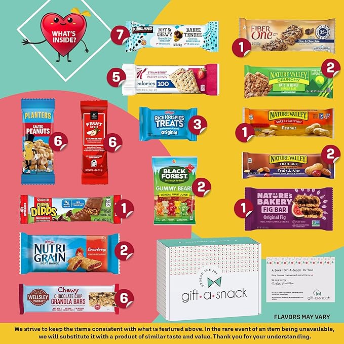 Gift A Snack - Back to School/Off to College Healthy Granola Breakfast Bars, Snack Box Care Package + Greeting Card (45 Count) Birthday Treats Gift Basket Nutritious Chips, Office Food Assortments