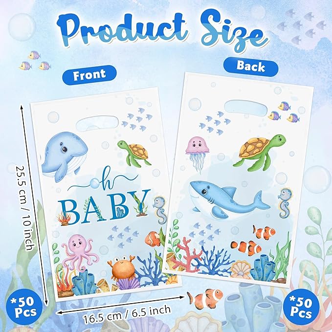 Summer Ocean Party Favor Bags - 50Pcs Sea Ocean Animals Goody Candy Treat Gifts Bags, Watercolor Under the Sea Themed Party Decorations for Kids Boys Girls Birthday Baby Shower Supplies