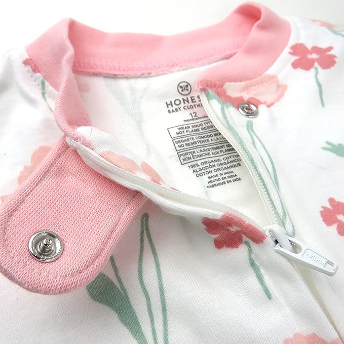 HonestBaby Non-Slip Footed Pajamas One-Piece Sleeper Zip-Front Pjs 100% Organic Cotton for Baby Girls