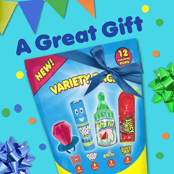 Candy Variety Pack - 12 Count Assorted Lollipops - Ring Pop, Push Pop, Baby Bottle Pop & Juicy Drop - Ideal for Birthdays, Party Favors, Celebrations & Candy Gifts by Bazooka Candy Brands