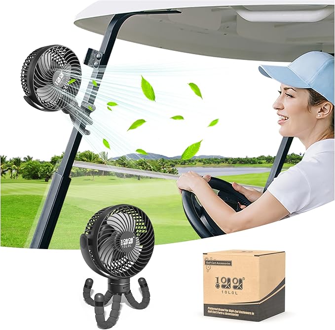 10L0L Universal Golf Cart Fan Fits Yamaha/EZGO/Club Car, Octopus Shape 360°Degree Rotational Fan, 3 Speed Adjustment, Support for Reverse Charging and Emergency Lighting-Black & Blue