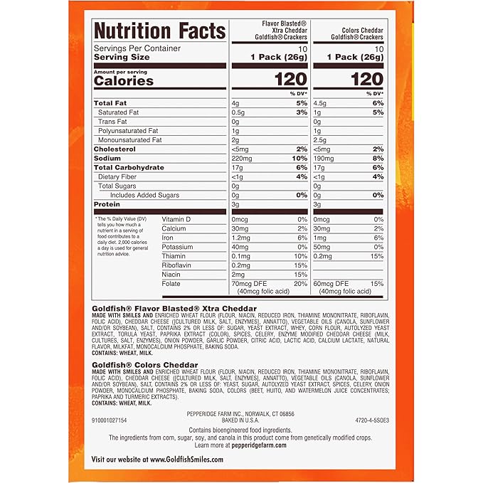 Goldfish Dynamic Duo Variety Pack, Colors Cheddar & Flavor Blasted Xtra Cheddar, Snack Packs, 20 Ct