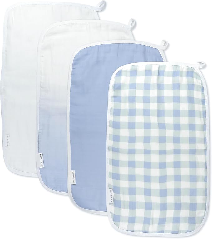 HonestBaby Organic Cotton Multi-layer Burp Cloths Multipack, 4-Pack Blue Painted Buffalo Check, One Size