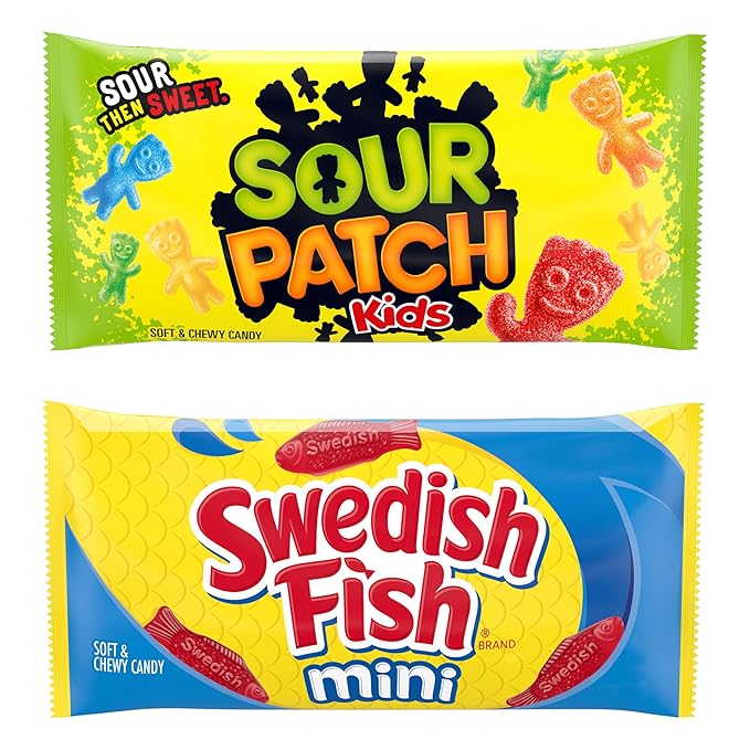 SOUR PATCH KIDS and SWEDISH FISH Mini Soft & Chewy Candy Variety Pack, Bulk Candy, 20 Snack Packs