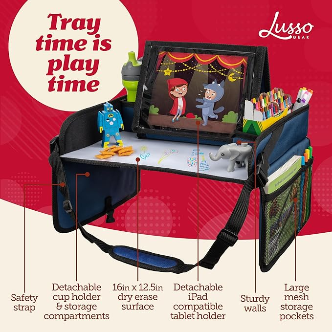 Lusso Gear Kids Travel Tray for Car - Summer Road Trip Essentials for Kids - Car Seat Tray for Travel - Toddler Travel Lap Desk and Organizer - Holds Snacks, Water Bottle, Toys (Blue)