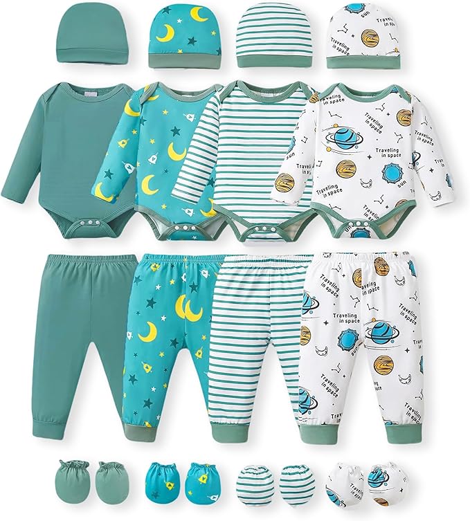 NZRVAWS Newborn Baby Boy Girl Clothes Unisex Infant Romper Pants Set Hat 4-Pack Outfits 0-12 Months 16 Pieces Toddler